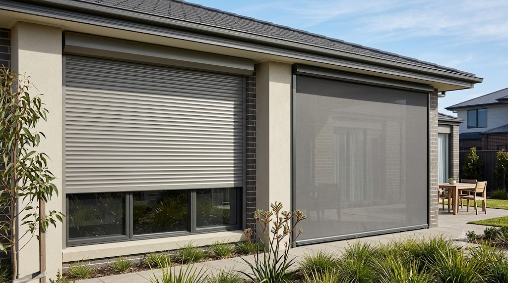 Aluminium roller shutter and external fabric outdoor blind installed on a modern Melbourne home.