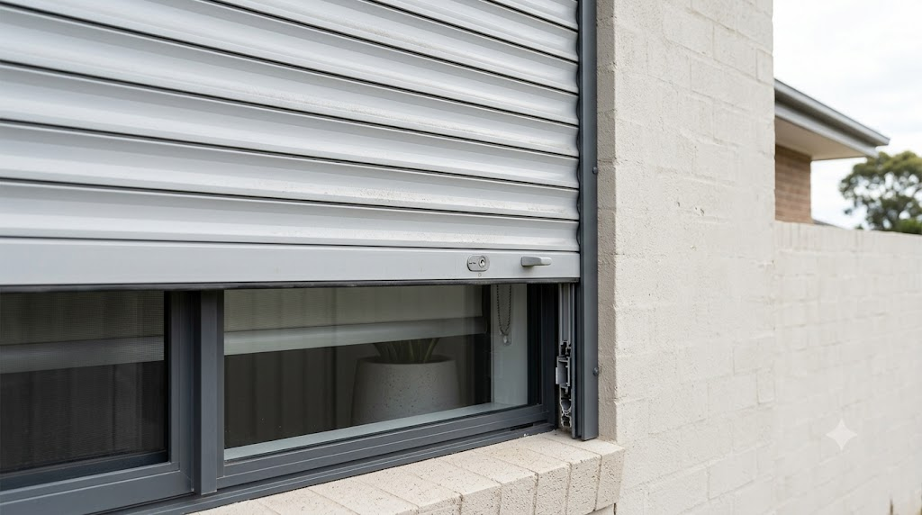 Window security shutters Melbourne showing aluminium slats guide rails and bottom rail