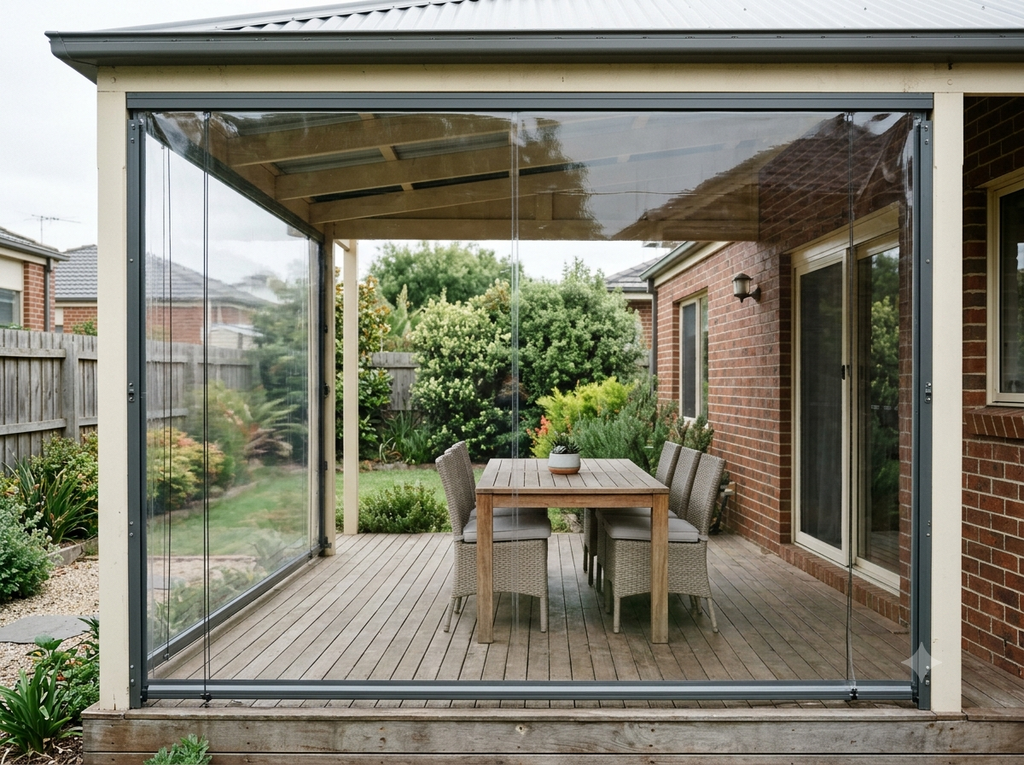 Clear PVC Cafe Blinds enclosing a covered Melbourne veranda