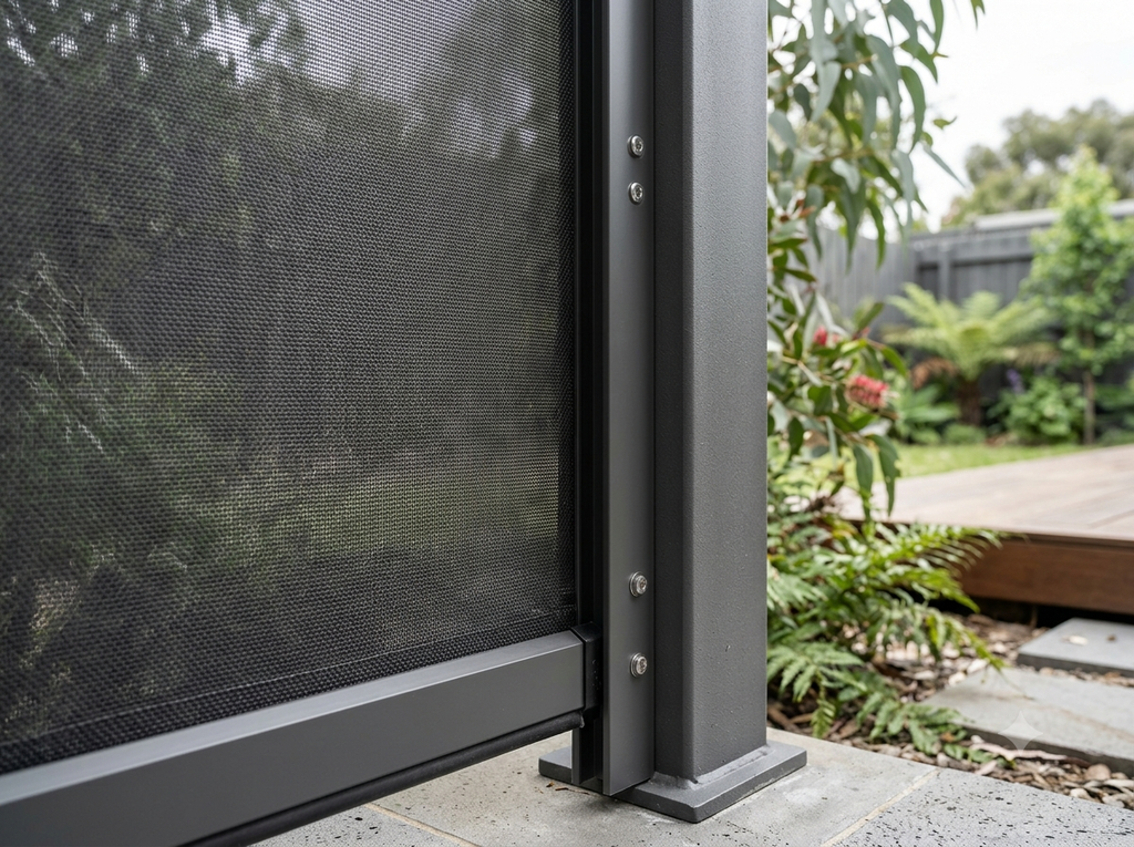 Track-guided outdoor blind mesh and aluminium side channel detail