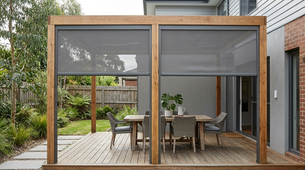 Motorised outdoor blinds fitted to a covered Melbourne pergola