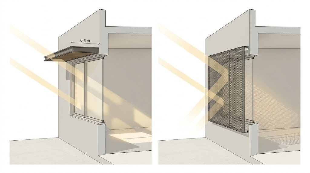 West-facing window awning versus vertical external blind blocking low-angle afternoon sunlight