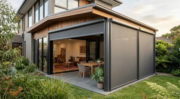 Charcoal automated outdoor blinds partially lowered over an outdoor dining patio.