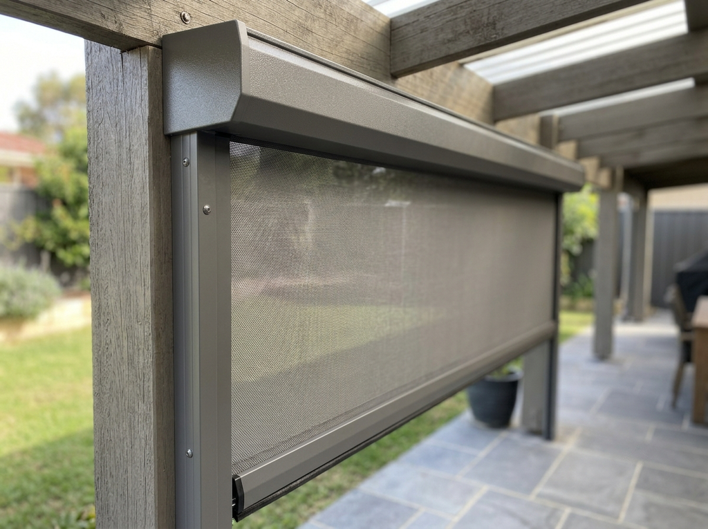 Track-guided outdoor roller blind showing the side channel and screen